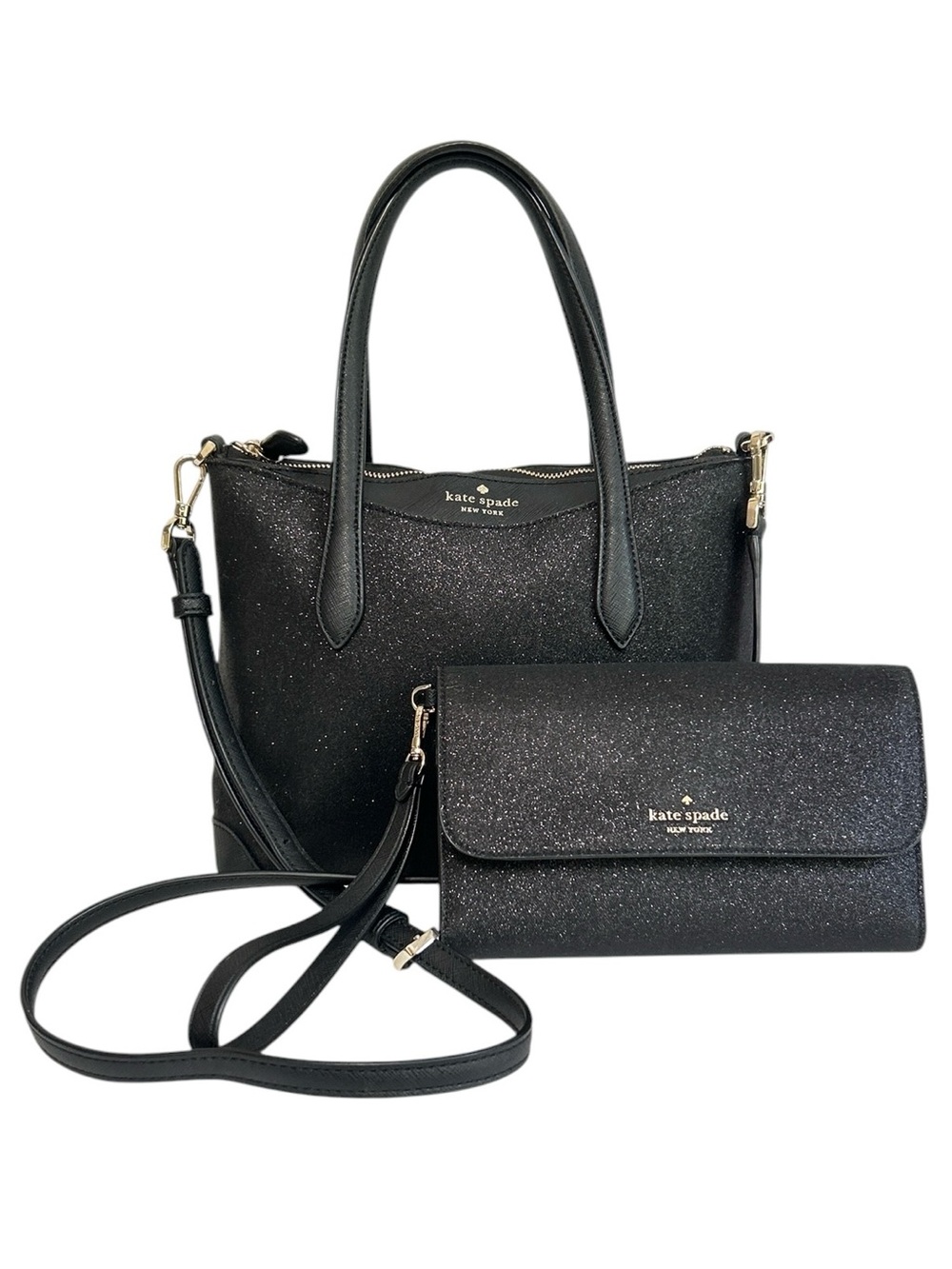 Kate Spade New York Rory Glitter Satchel & Flap Wristlet Black Handbag Clutch
